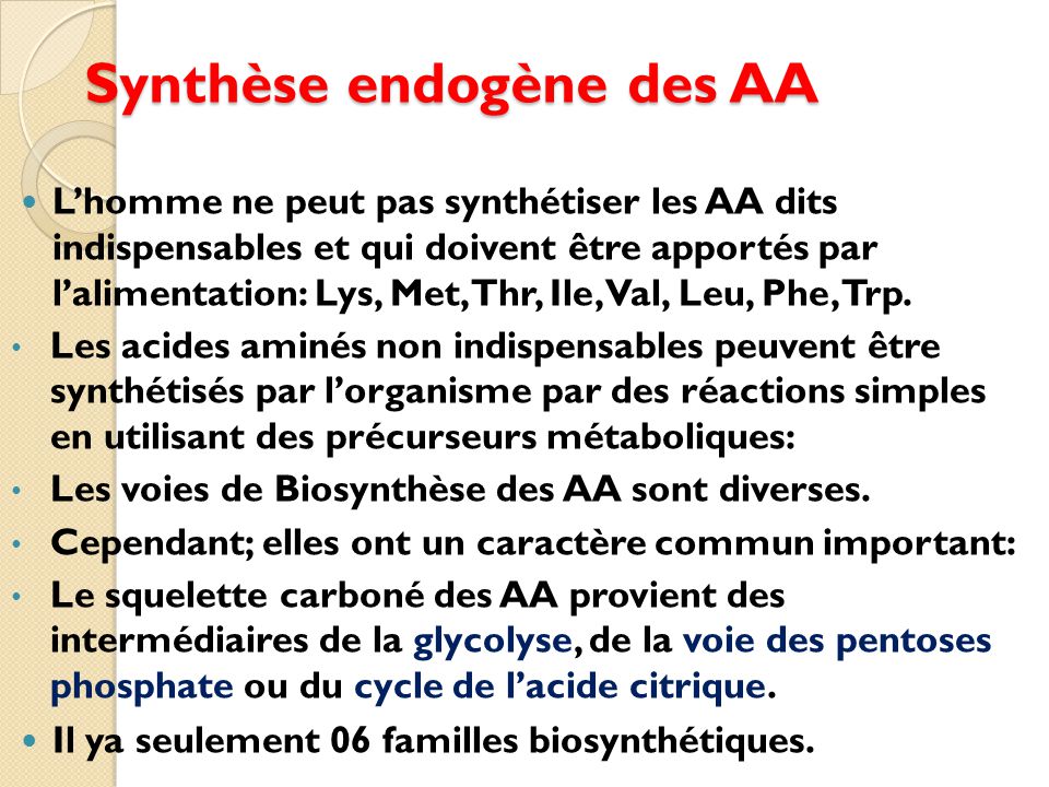 Synthèse endogène des AA