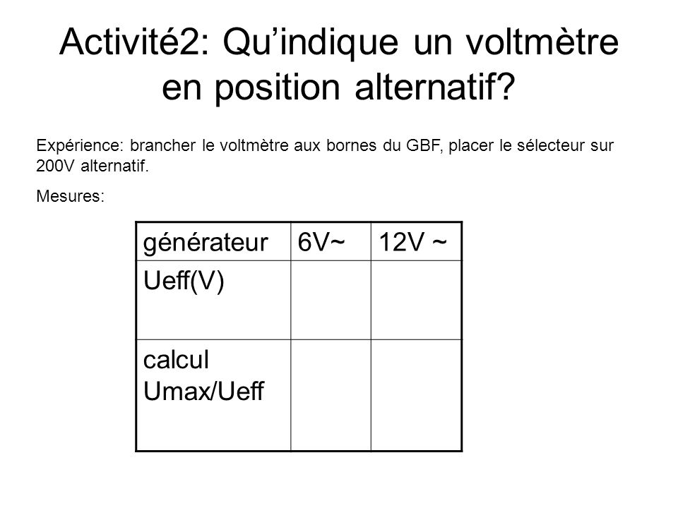 Activité2: Qu’indique un voltmètre en position alternatif