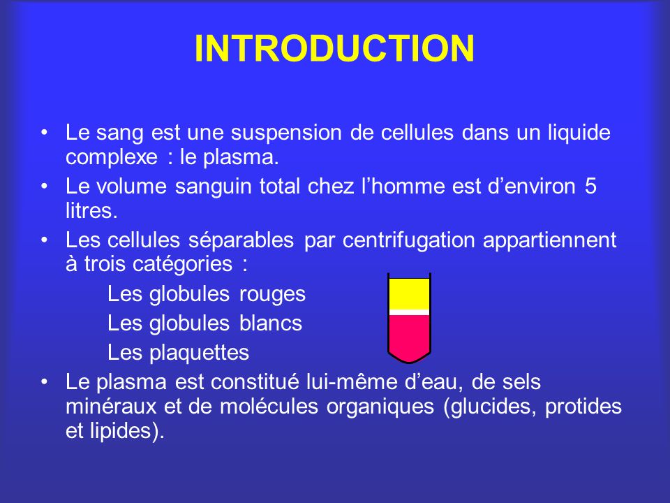 INTRODUCTION Le sang est une suspension de cellules dans un liquide complexe : le plasma.