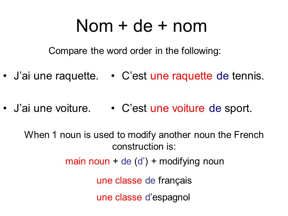 When 1 noun is used to modify another noun the French construction is: