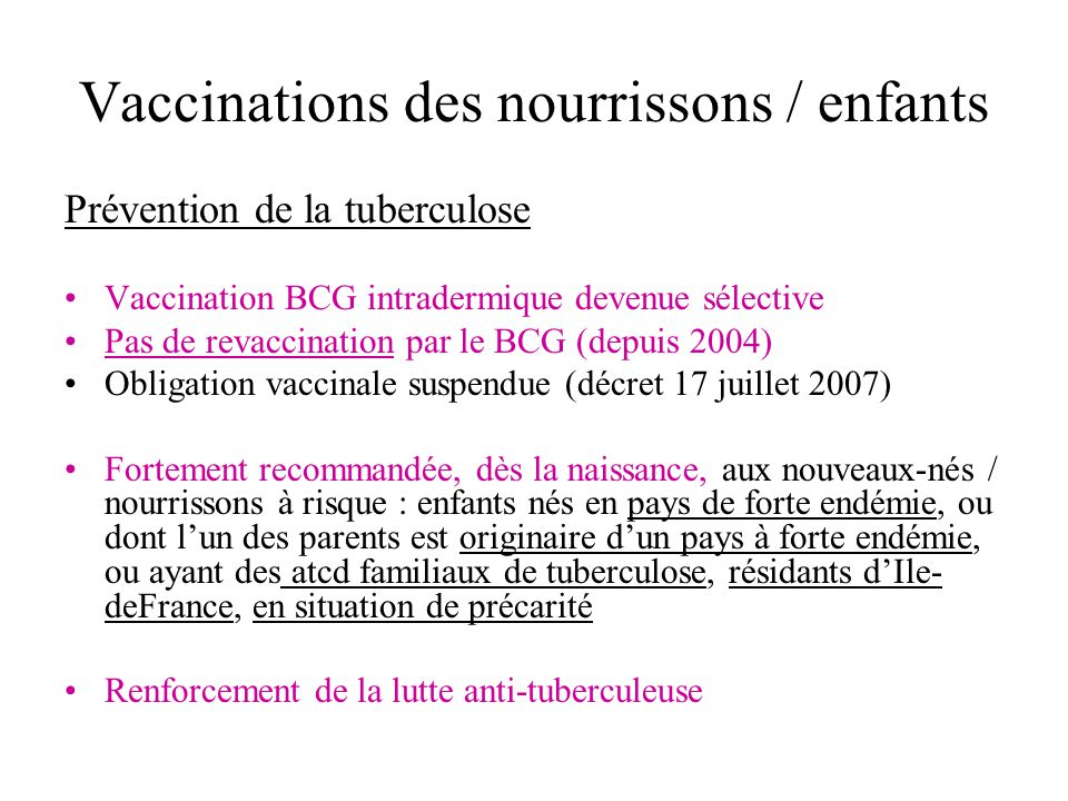 Vaccinations des nourrissons / enfants