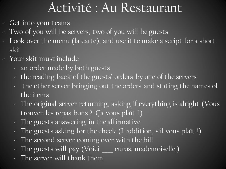 Activité : Au Restaurant
