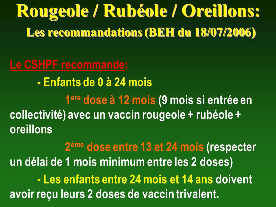 Rougeole / Rubéole / Oreillons: Les recommandations (BEH du 18/07/2006)
