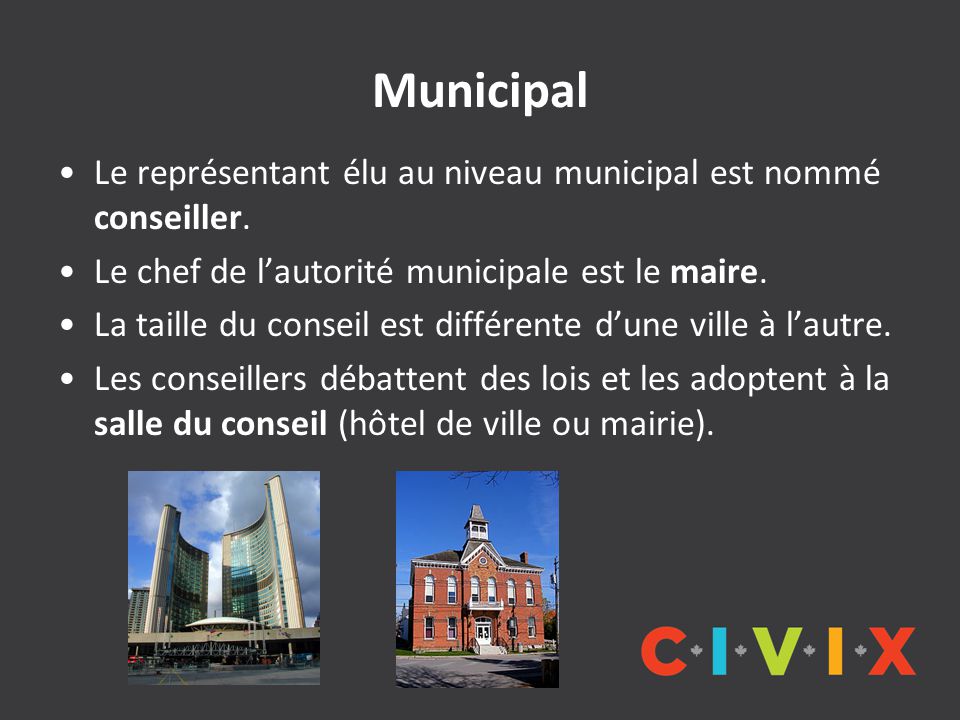 Municipal Le représentant élu au niveau municipal est nommé conseiller. Le chef de l’autorité municipale est le maire.