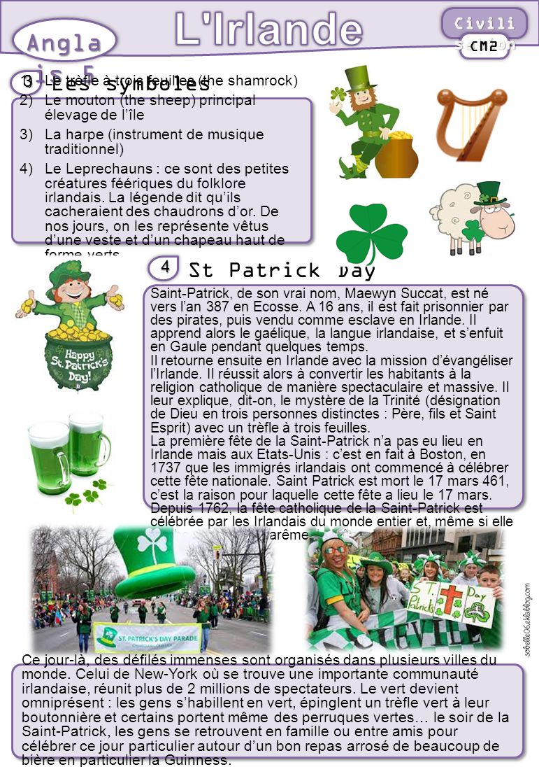 L Irlande Anglais 5 Les symboles St Patrick Day Civilisation 3 4 CM2