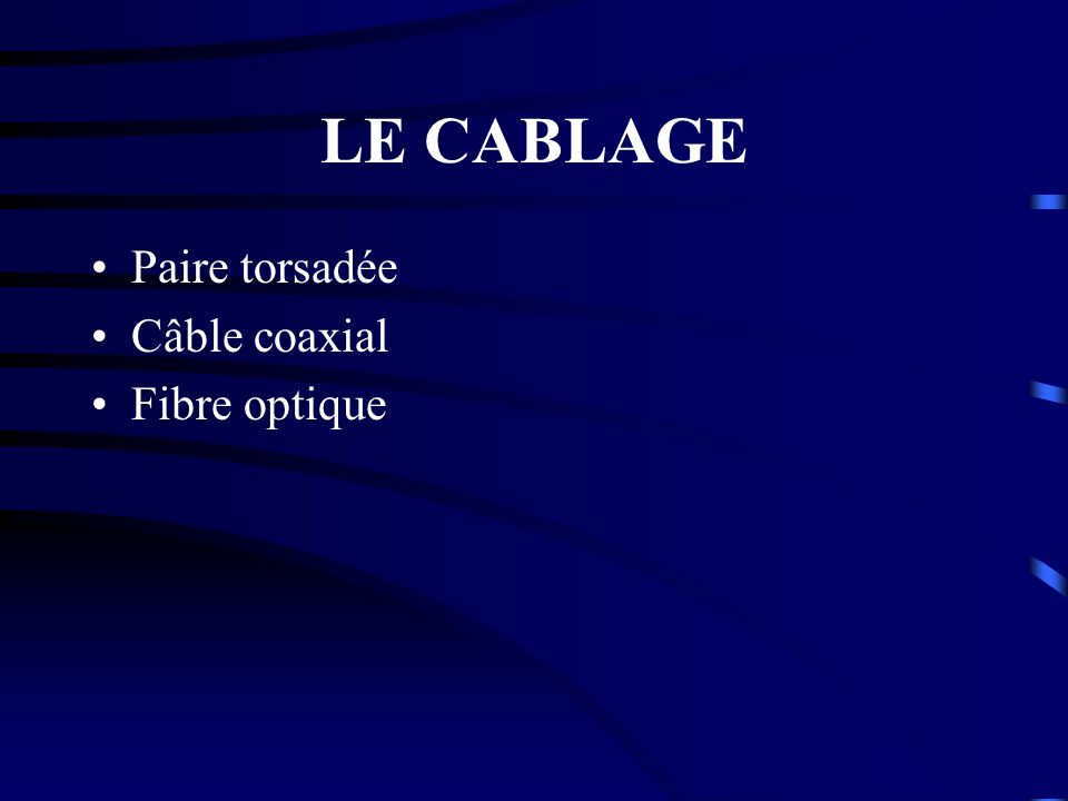 LE CABLAGE Paire torsadée Câble coaxial Fibre optique
