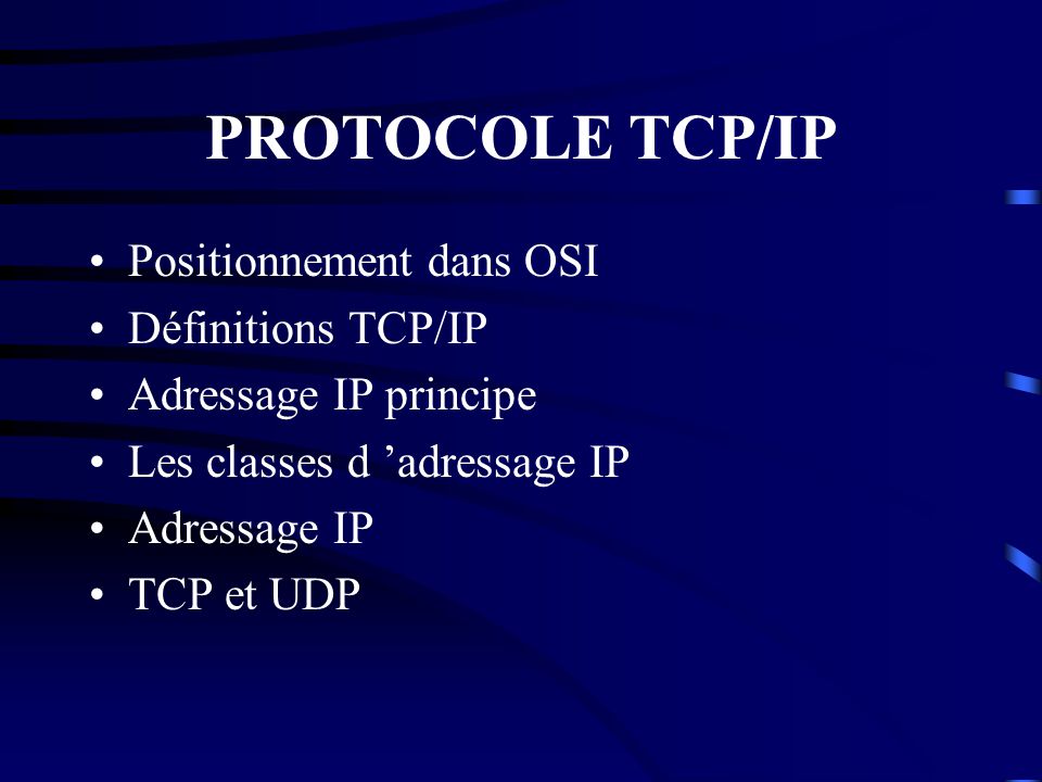 PROTOCOLE TCP/IP Positionnement dans OSI Définitions TCP/IP
