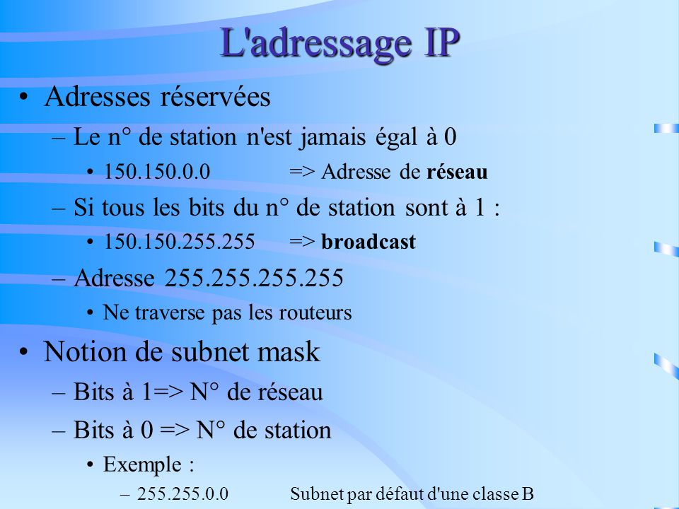 L adressage IP Adresses réservées Notion de subnet mask