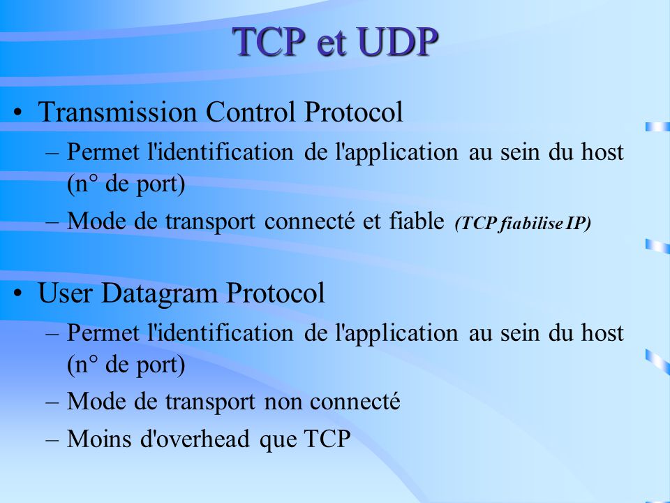 TCP et UDP Transmission Control Protocol User Datagram Protocol
