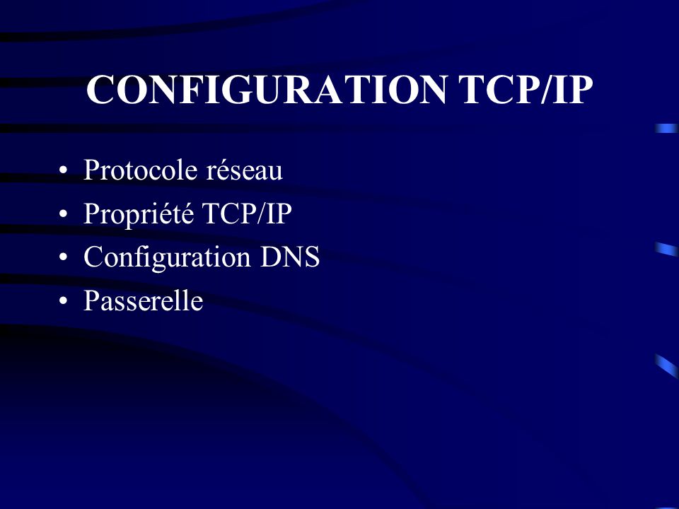 CONFIGURATION TCP/IP Protocole réseau Propriété TCP/IP