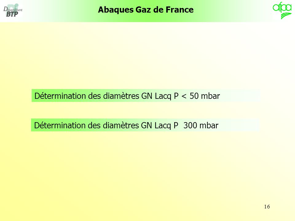 Abaques Gaz de France Détermination des diamètres GN Lacq P < 50 mbar.