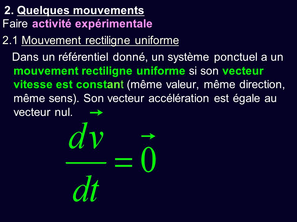 2. Quelques mouvements Faire activité expérimentale. 2.1 Mouvement rectiligne uniforme.