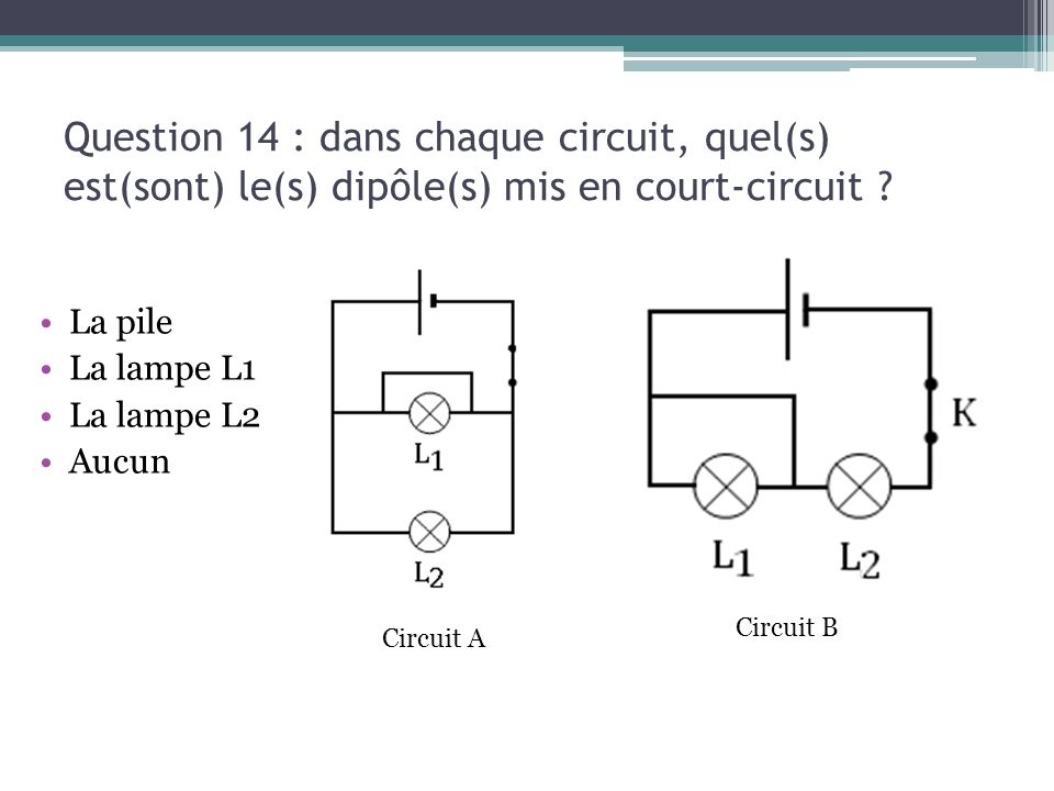 Question 14 : dans chaque circuit, quel(s) est(sont) le(s) dipôle(s) mis en court-circuit