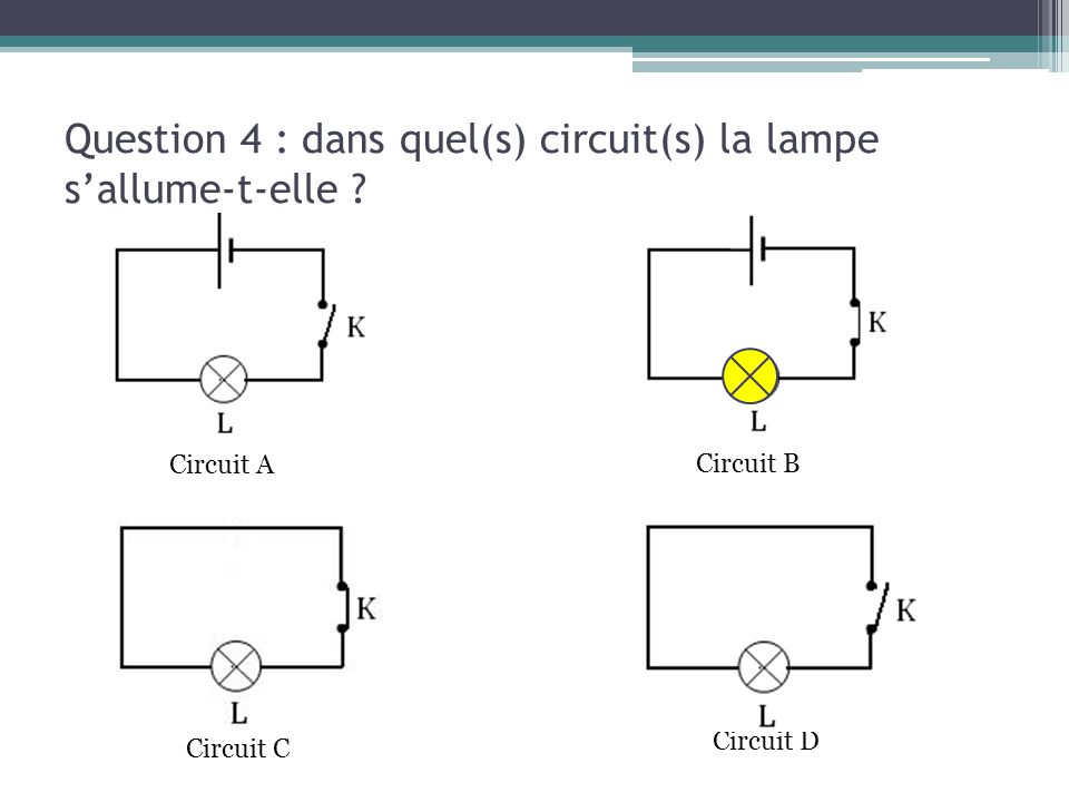 Question 4 : dans quel(s) circuit(s) la lampe s’allume-t-elle
