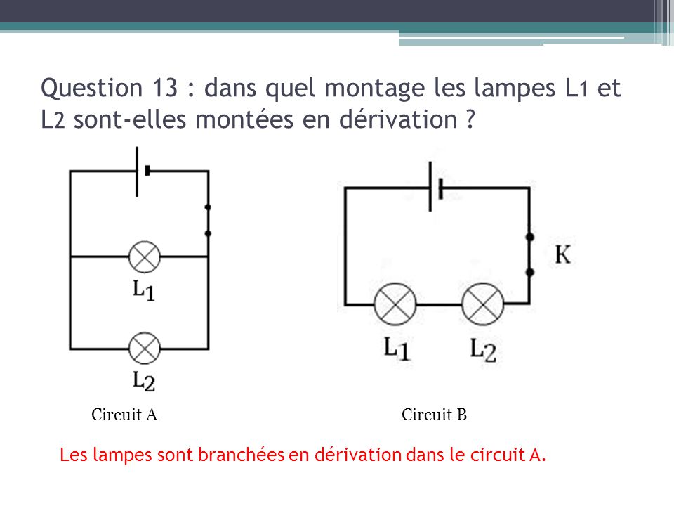 Question 13 : dans quel montage les lampes L1 et L2 sont-elles montées en dérivation