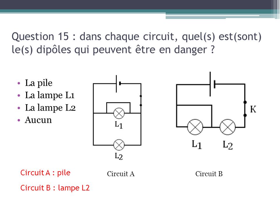 Question 15 : dans chaque circuit, quel(s) est(sont) le(s) dipôles qui peuvent être en danger