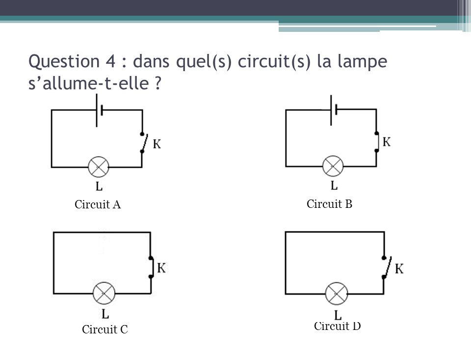 Question 4 : dans quel(s) circuit(s) la lampe s’allume-t-elle