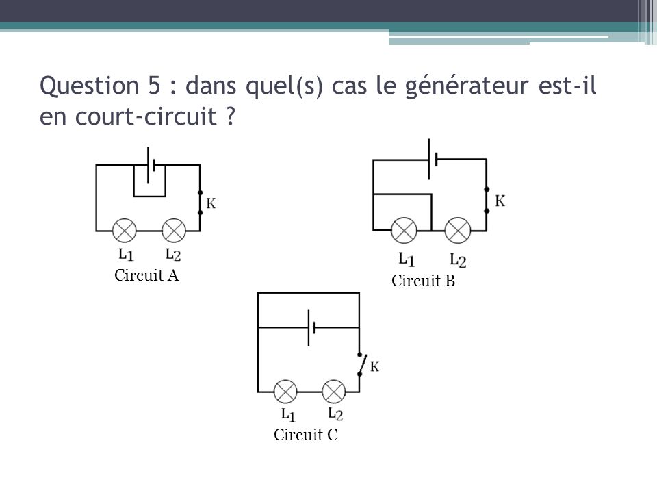 Question 5 : dans quel(s) cas le générateur est-il en court-circuit