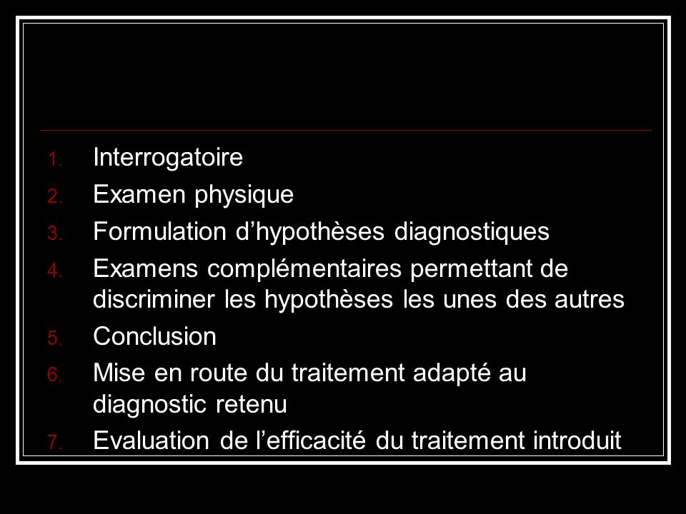 Interrogatoire Examen physique. Formulation d’hypothèses diagnostiques.