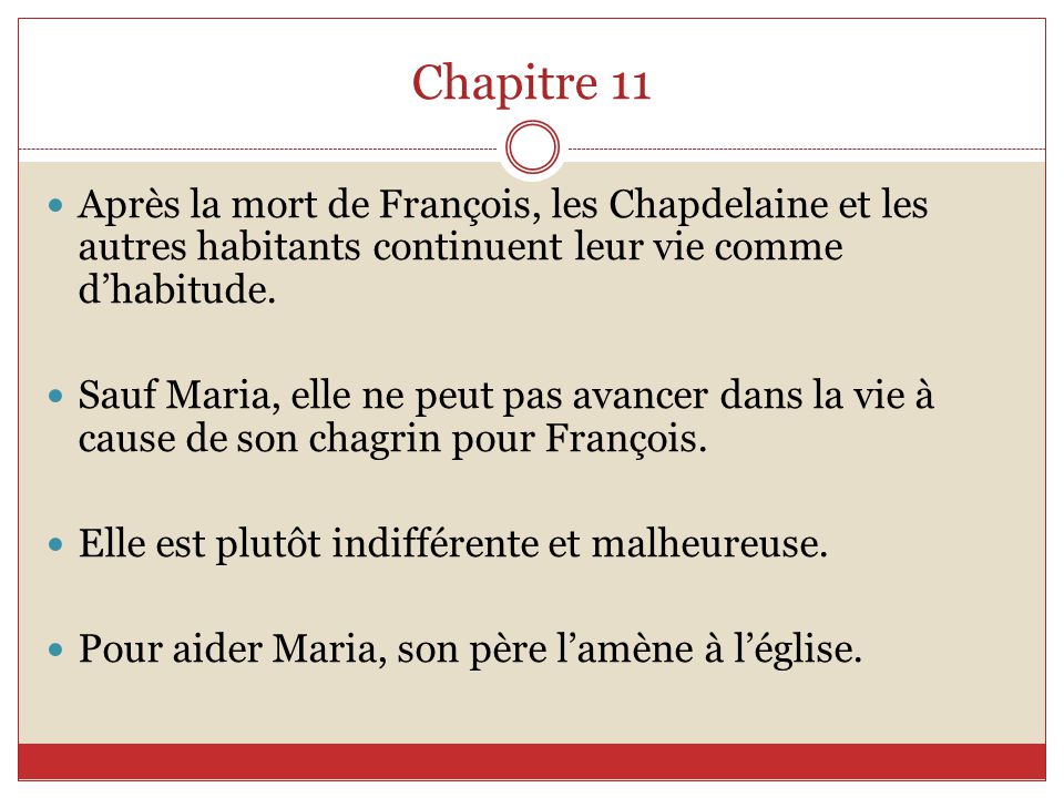 Chapitre 11 Après la mort de François, les Chapdelaine et les autres habitants continuent leur vie comme d’habitude.