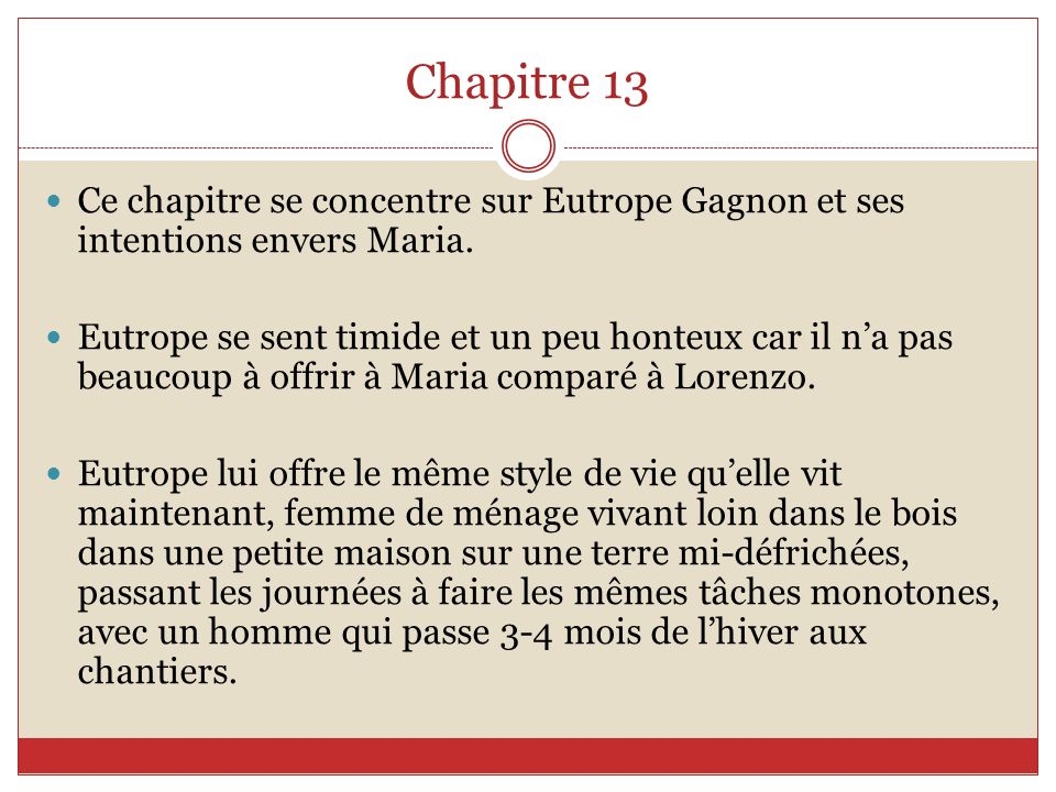 Chapitre 13 Ce chapitre se concentre sur Eutrope Gagnon et ses intentions envers Maria.