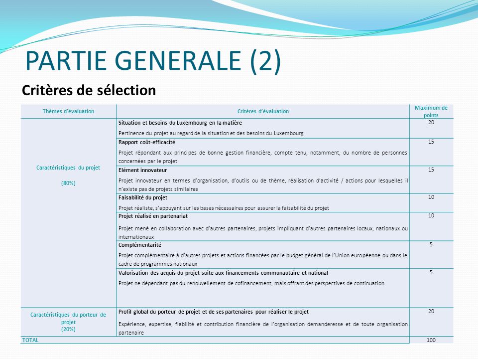 PARTIE GENERALE (2) Critères de sélection Thèmes d’évaluation