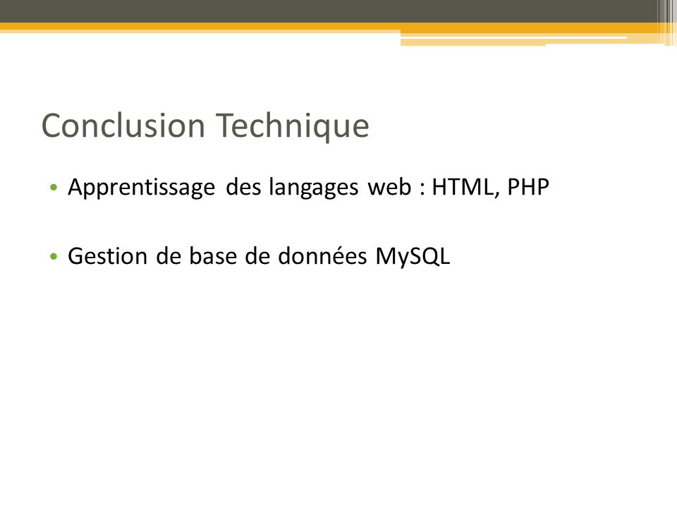 Conclusion Technique Apprentissage des langages web : HTML, PHP