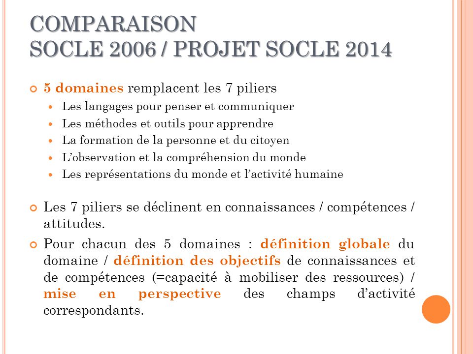 COMPARAISON SOCLE 2006 / PROJET SOCLE 2014