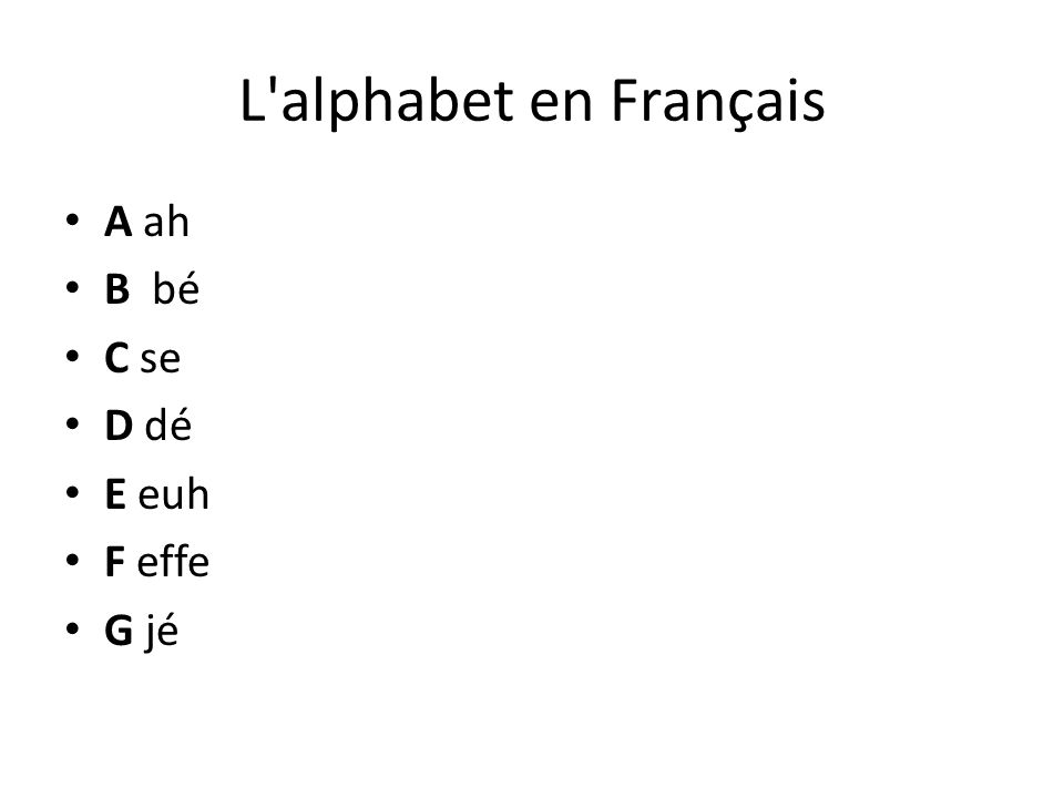 L alphabet en Français A ah B bé C se D dé E euh F effe G jé