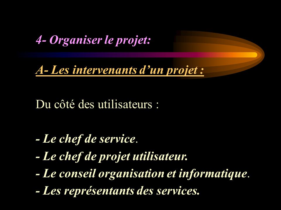 4- Organiser le projet: A- Les intervenants d’un projet : Du côté des utilisateurs : - Le chef de service.
