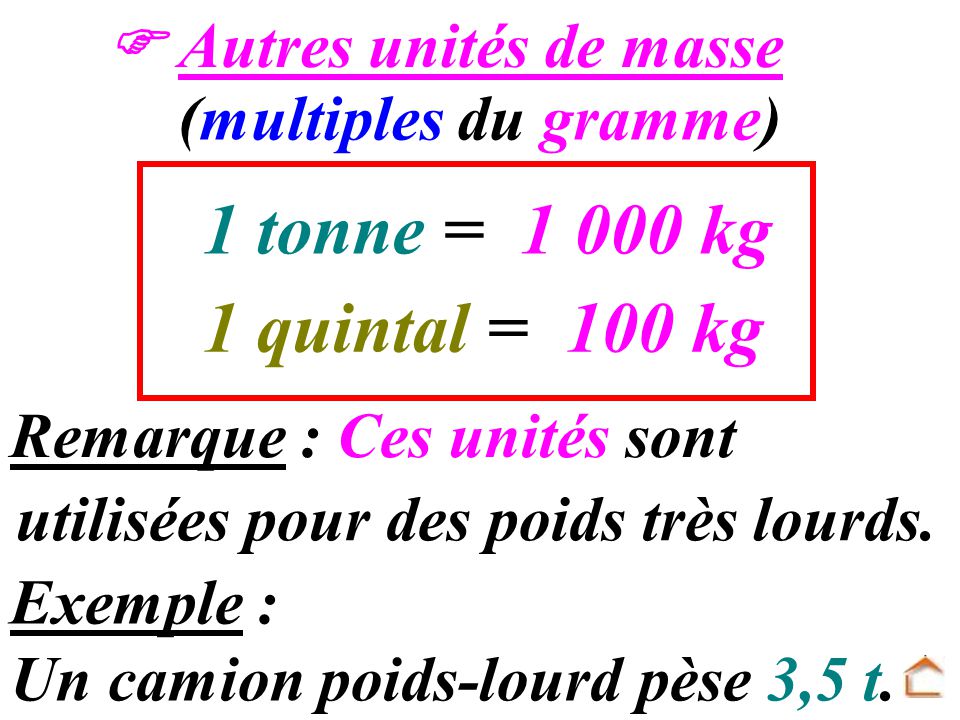 1 tonne = kg 1 quintal = 100 kg  Autres unités de masse