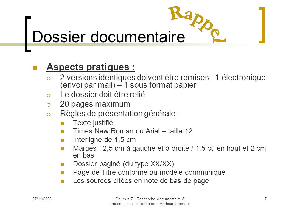 Dossier documentaire Rappel Aspects pratiques :