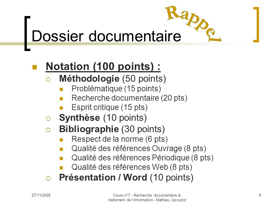 Dossier documentaire Rappel Notation (100 points) :
