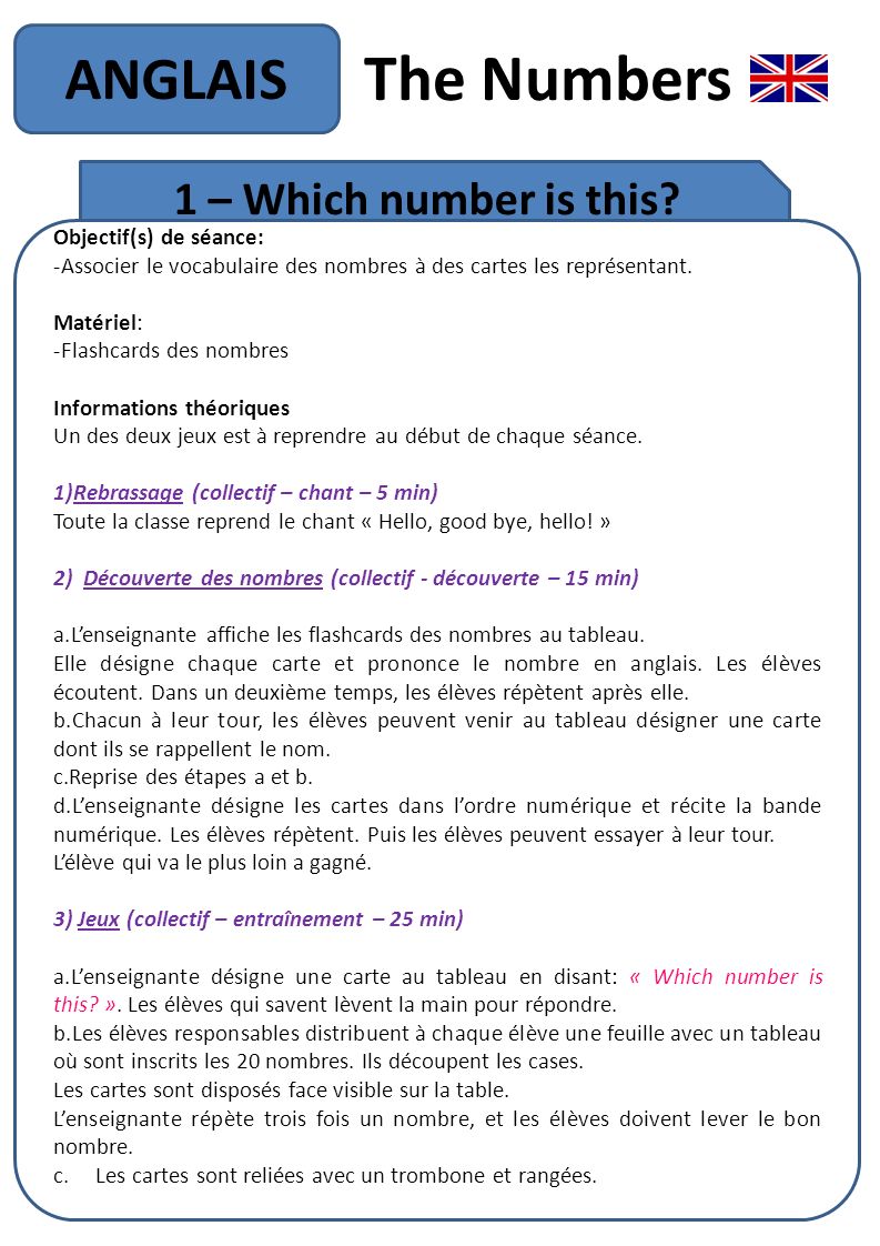 The Numbers ANGLAIS 1 – Which number is this Objectif(s) de séance: