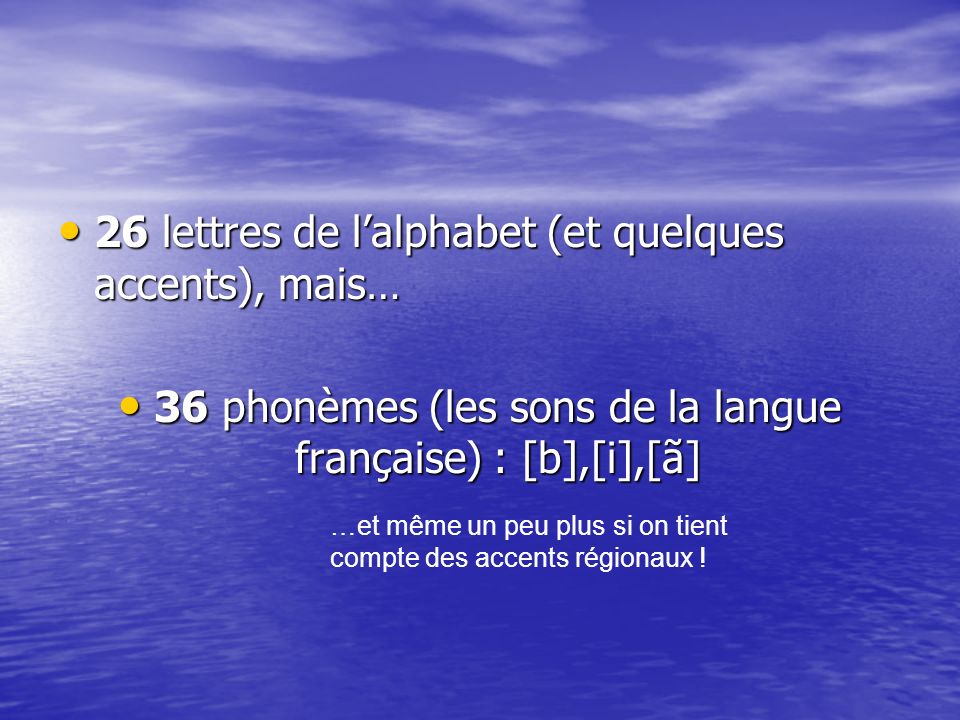 36 phonèmes (les sons de la langue française) : [b],[i],[ã]