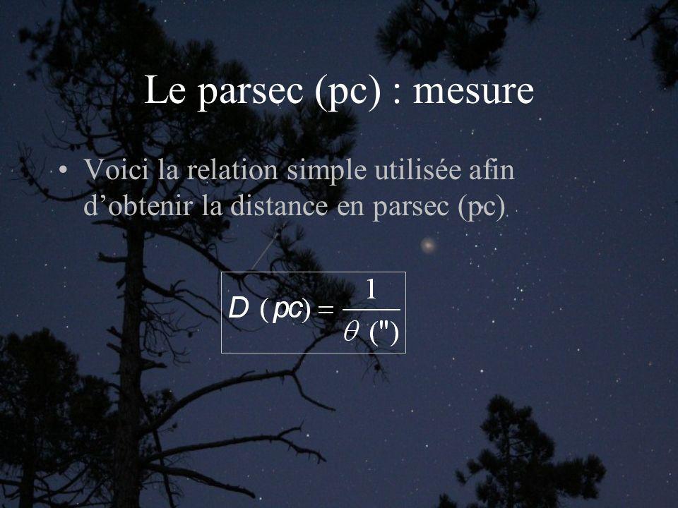 Le parsec (pc) : mesure Voici la relation simple utilisée afin d’obtenir la distance en parsec (pc)