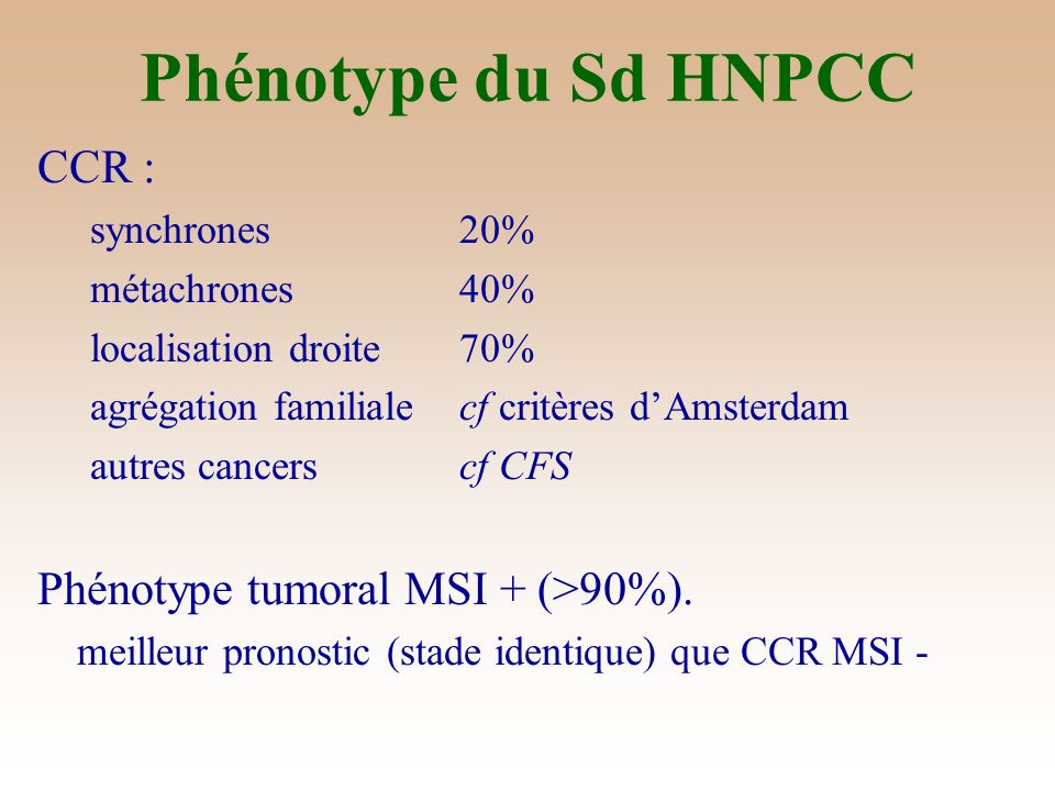Phénotype du Sd HNPCC CCR : Phénotype tumoral MSI + (>90%).