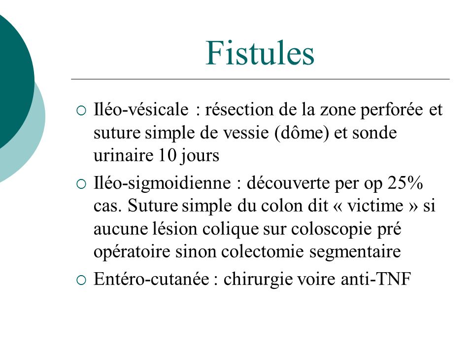 Fistules Iléo-vésicale : résection de la zone perforée et suture simple de vessie (dôme) et sonde urinaire 10 jours.