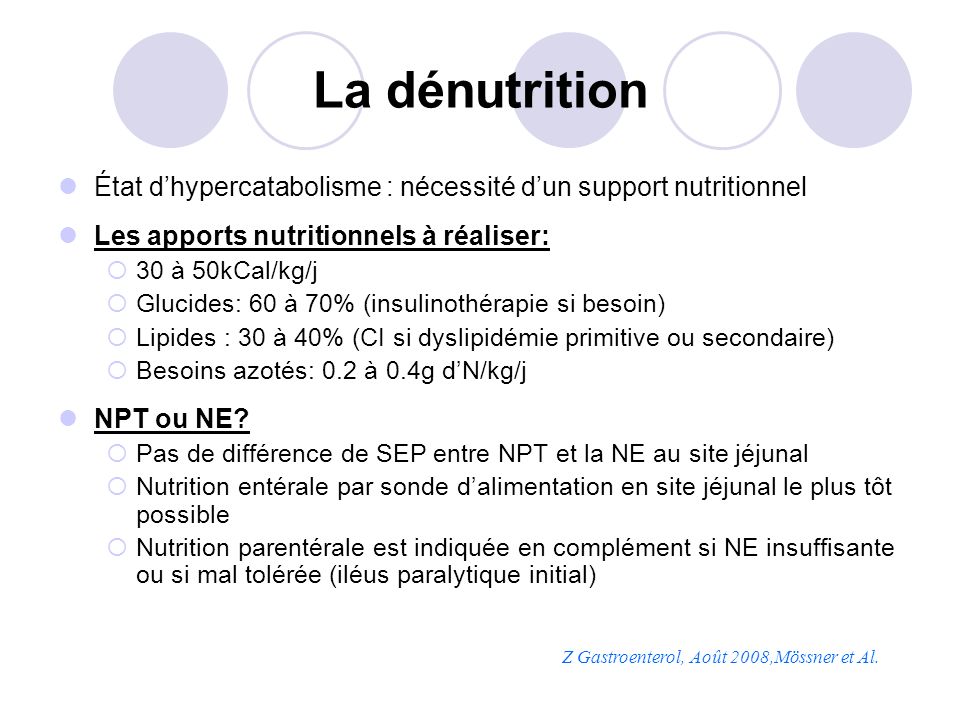 La dénutrition État d’hypercatabolisme : nécessité d’un support nutritionnel. Les apports nutritionnels à réaliser: