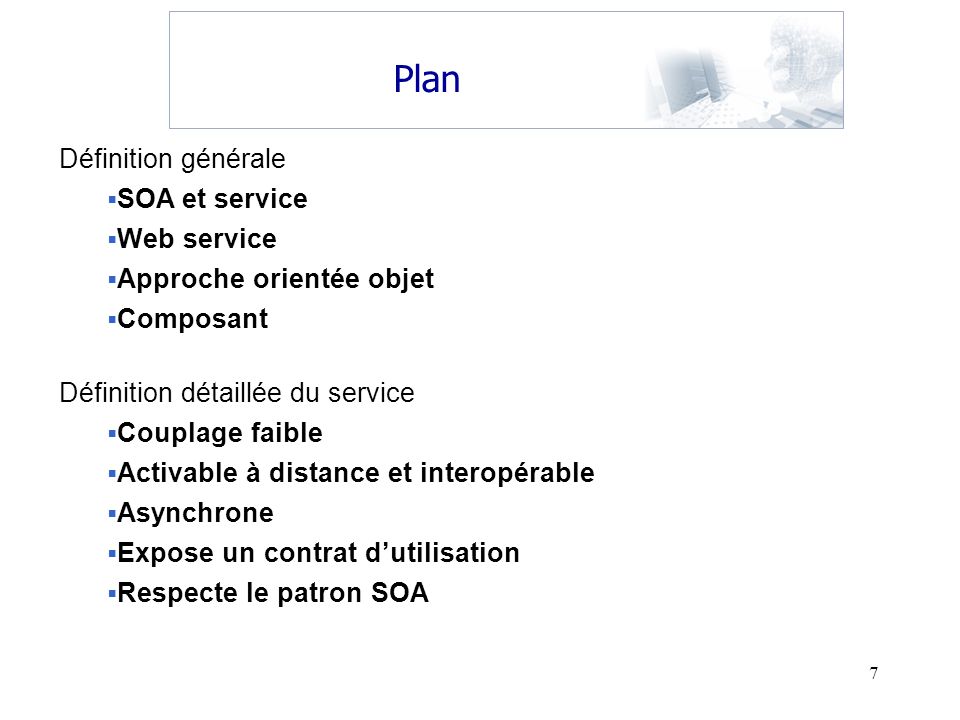 Plan Définition générale SOA et service Web service