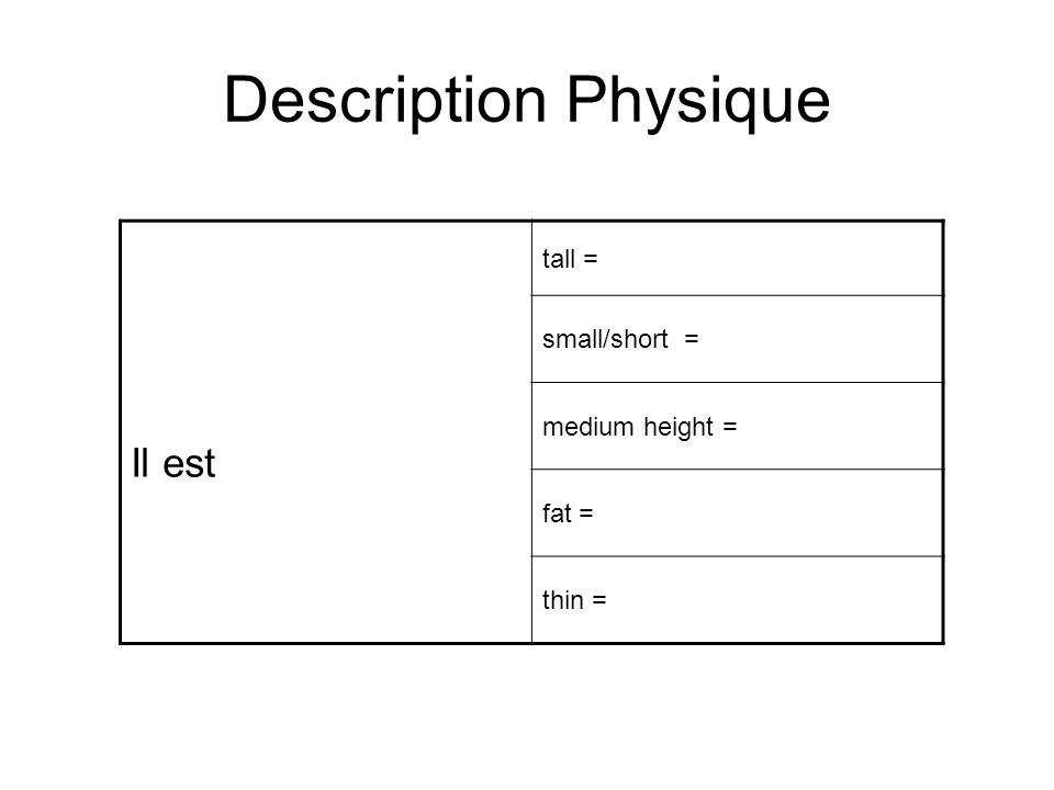 Description Physique Il est tall = small/short = medium height = fat =