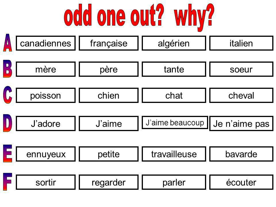odd one out why A B C D E F canadiennes française algérien italien