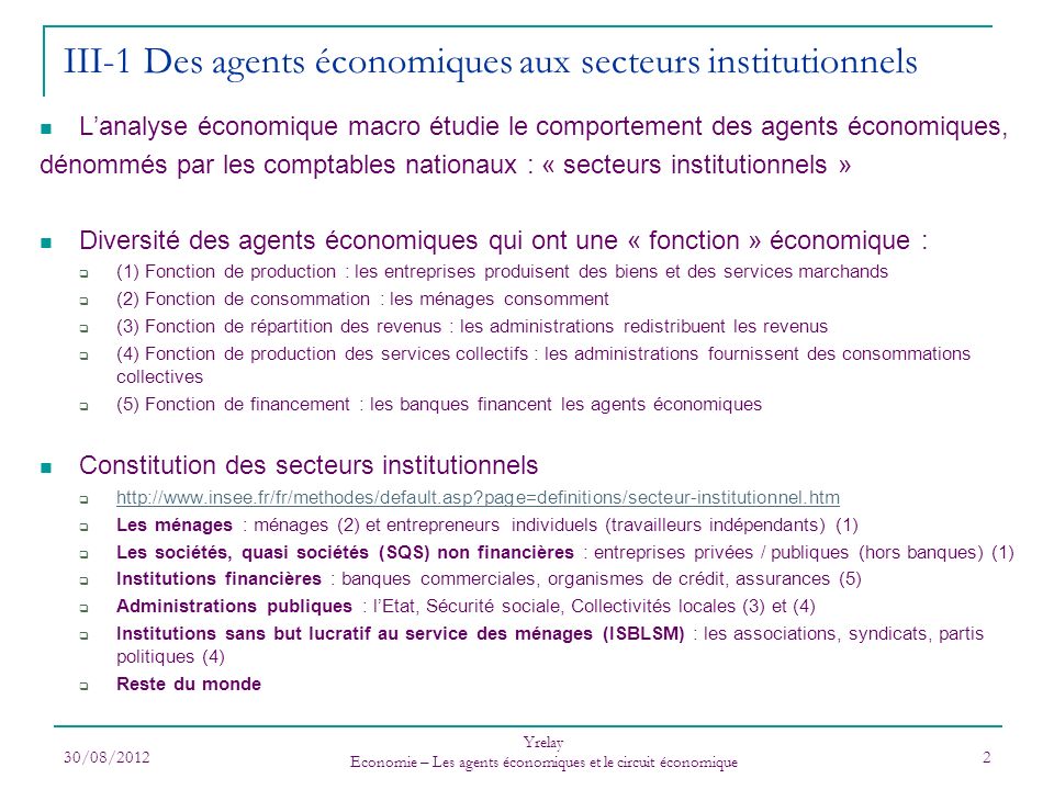 III-1 Des agents économiques aux secteurs institutionnels