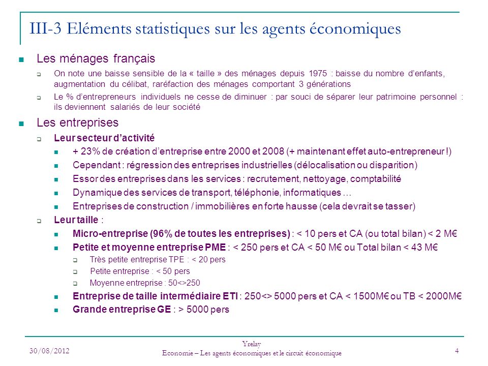III-3 Eléments statistiques sur les agents économiques