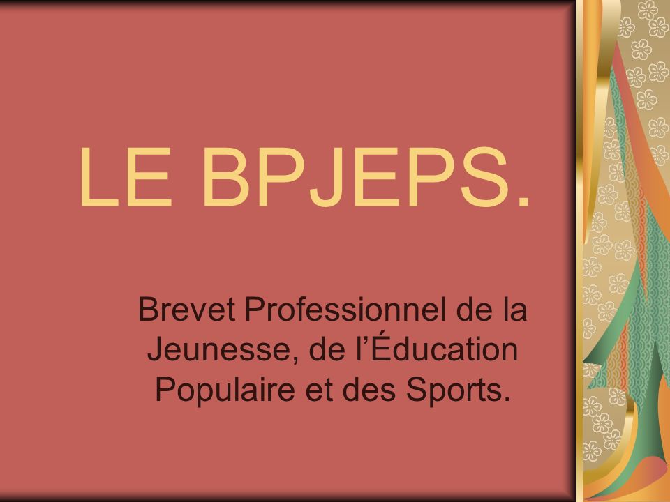 LE BPJEPS. Brevet Professionnel de la Jeunesse, de l’Éducation Populaire et des Sports.