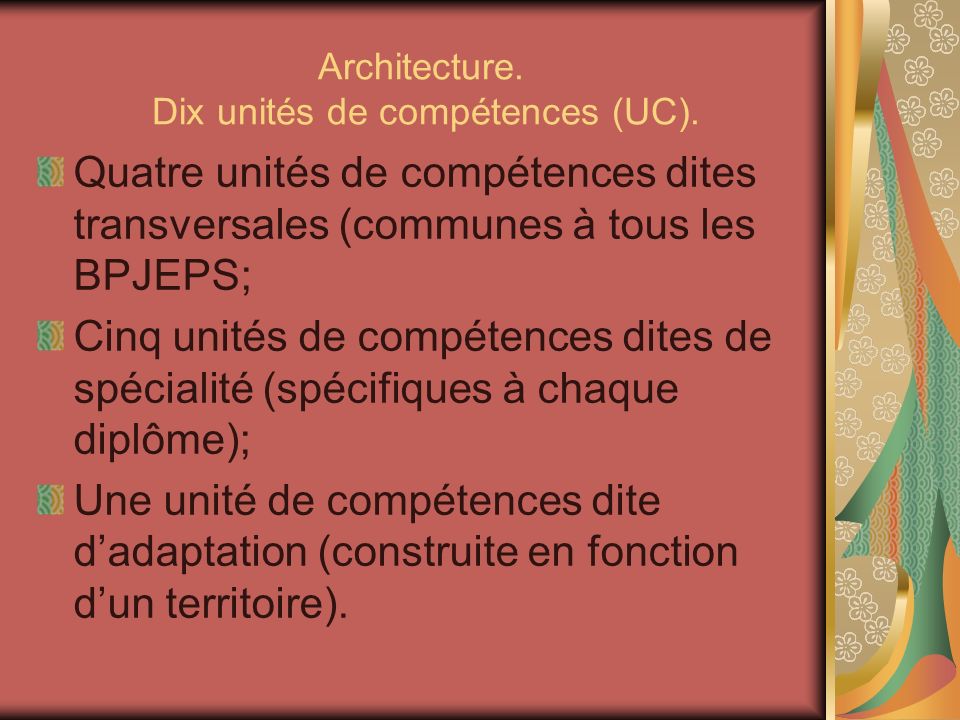 Architecture. Dix unités de compétences (UC).