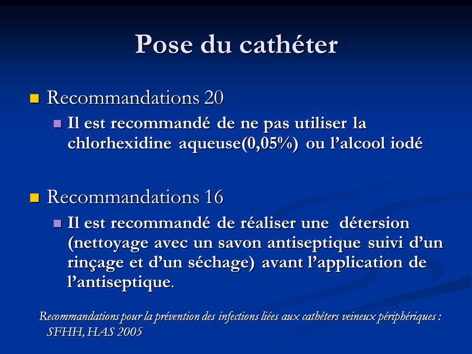 Pose du cathéter Recommandations 20 Recommandations 16