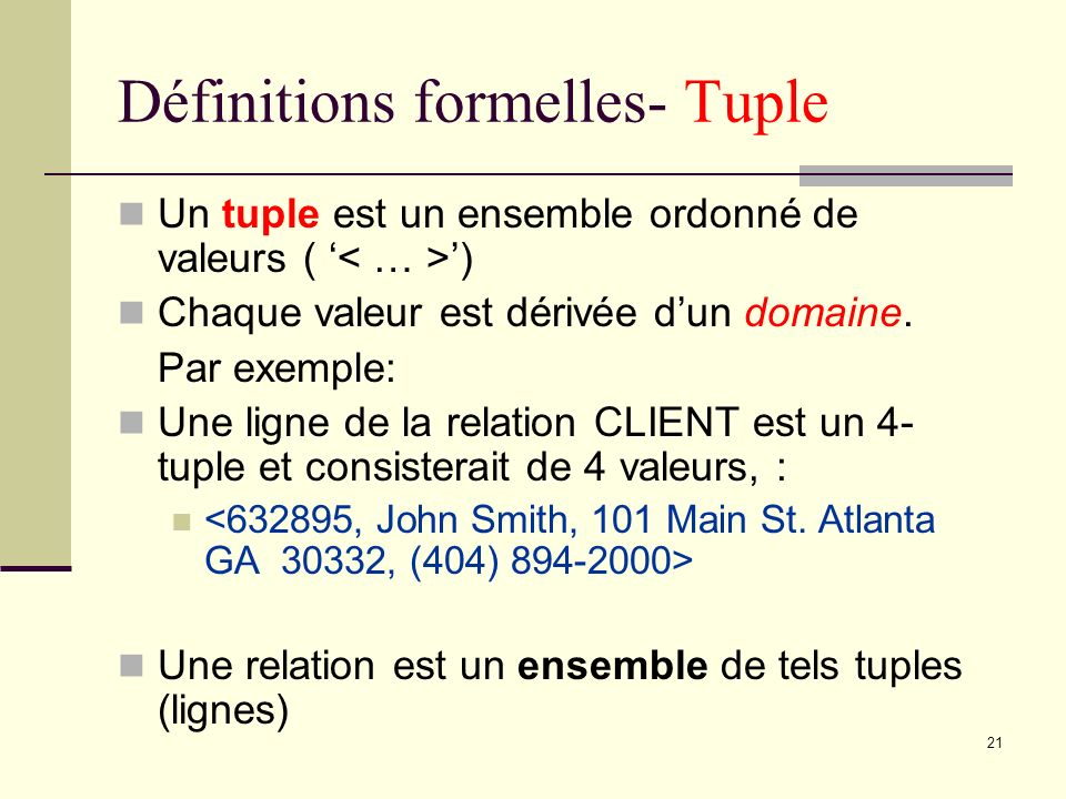 Définitions formelles- Tuple