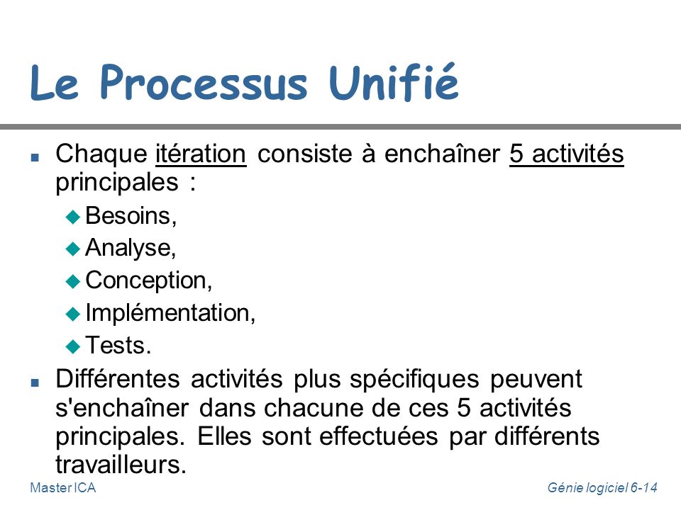 Le Processus Unifié Chaque itération consiste à enchaîner 5 activités principales : Besoins, Analyse,