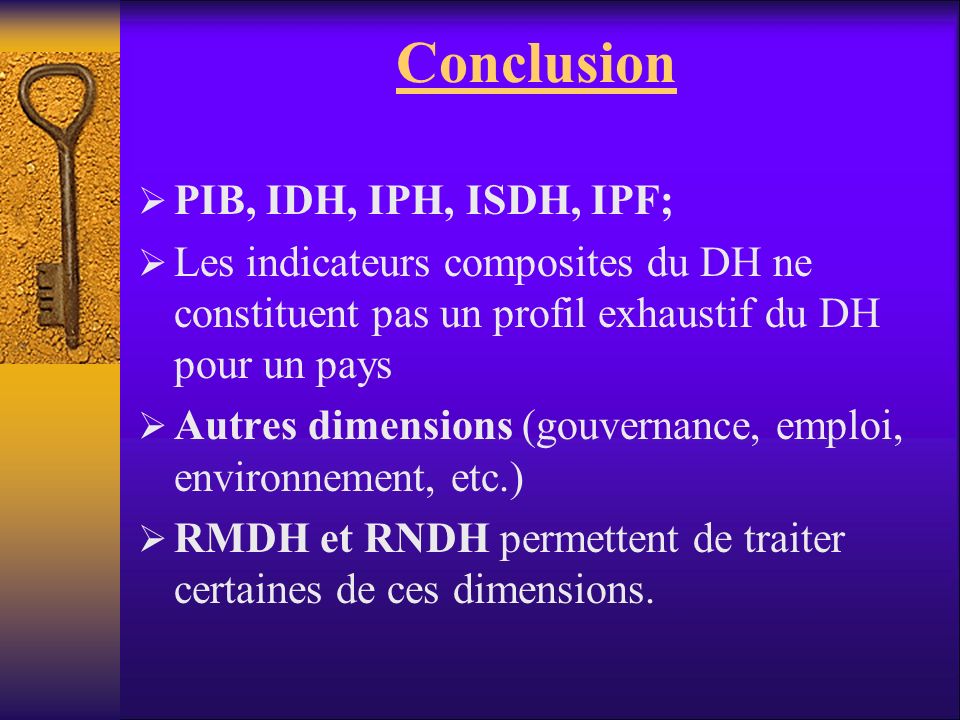 Conclusion PIB, IDH, IPH, ISDH, IPF;